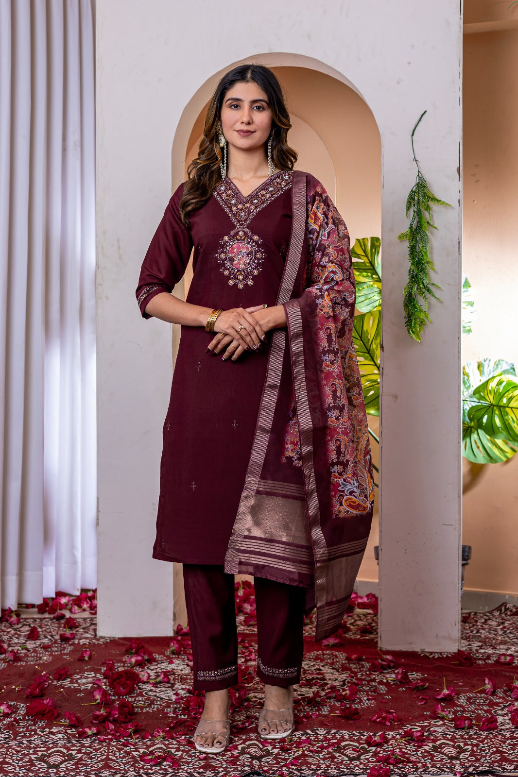 Wine color viscose silk salwar kameez for women online
