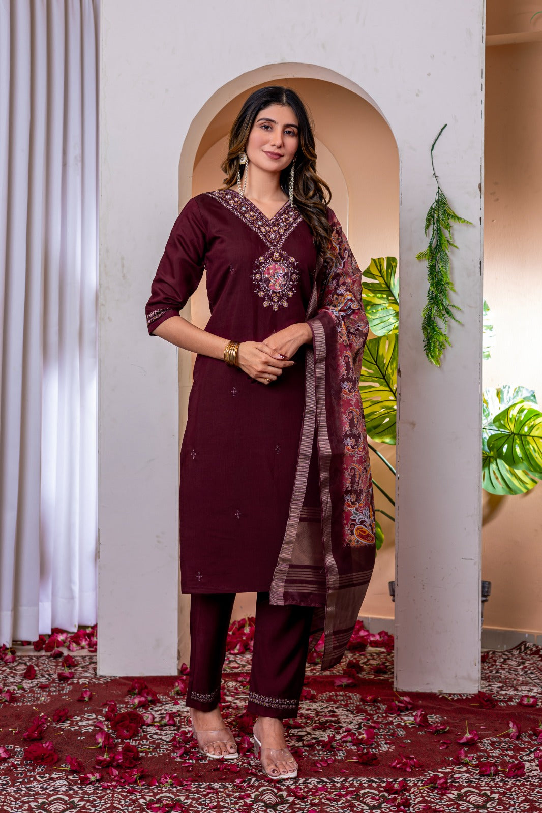 Wine color viscose silk salwar kameez with dupatta 
