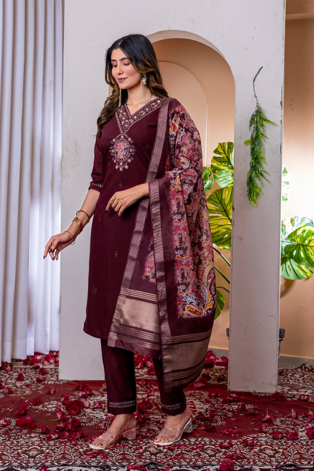 Wedding wear wine viscose silk salwar kameez 
