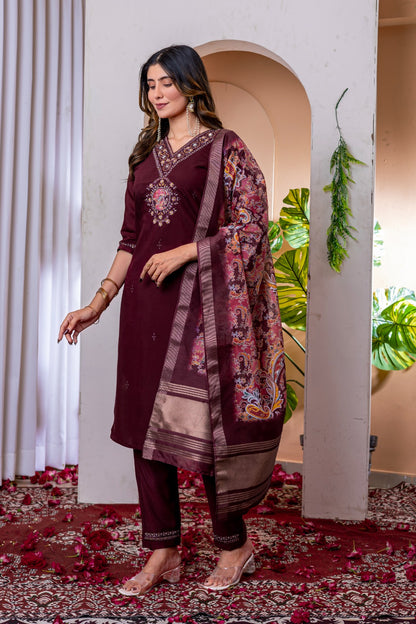 Wedding wear wine viscose silk salwar kameez 
