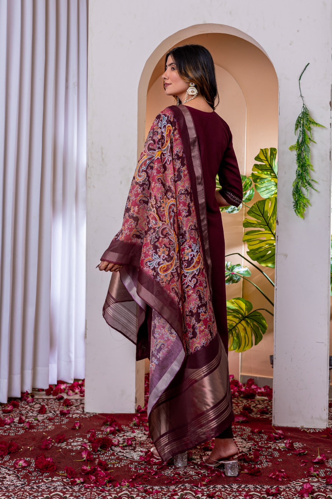 Wine color embroidery work salwar suit 
