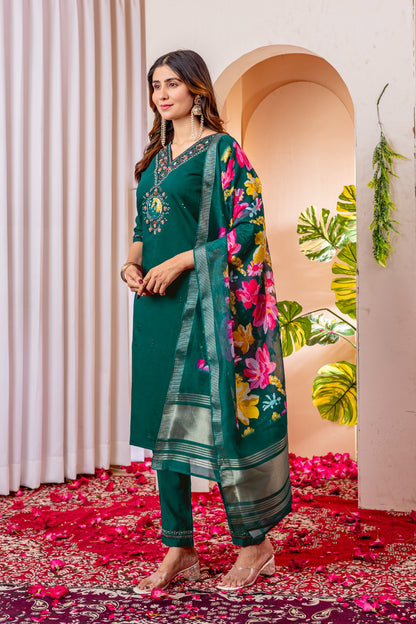 Green color viscose silk salwar kameez for women 
