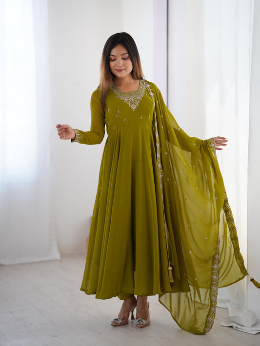 Mehndi color georgette gown with dupatta

