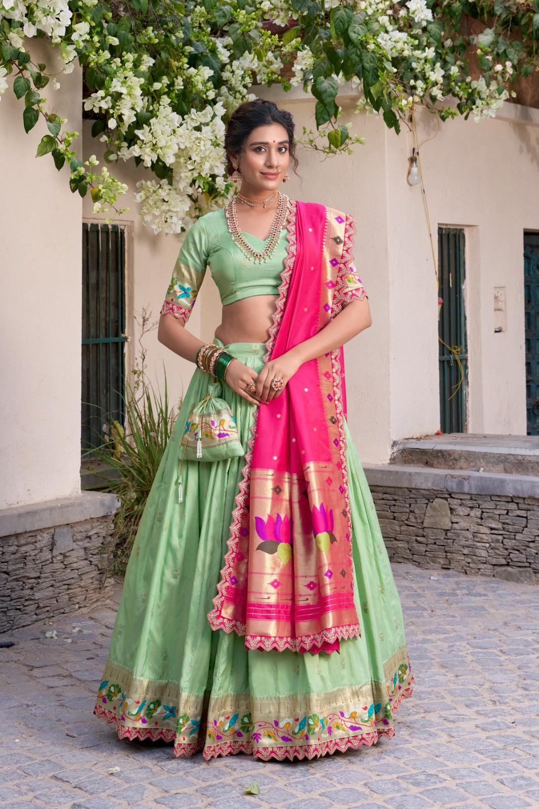 Pista color jacquard silk lehenga choli for women