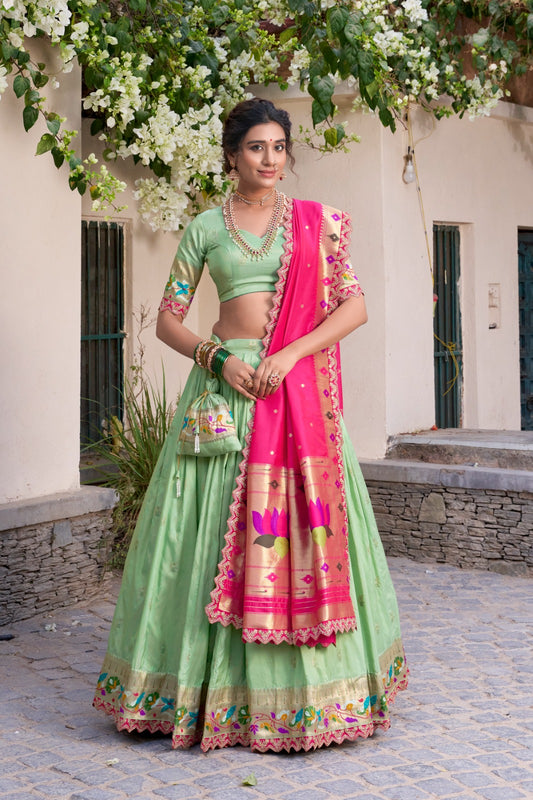 Pista color jacquard silk lehenga choli for women
