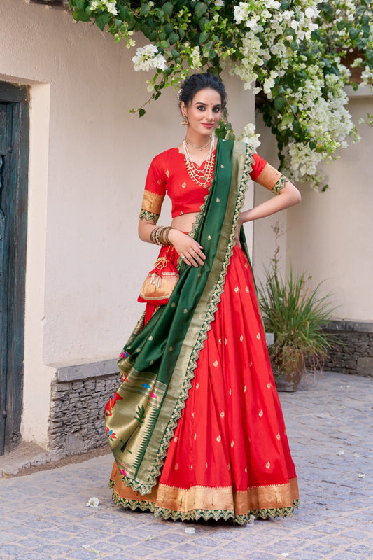 Red color jacquard silk lehenga choli for women