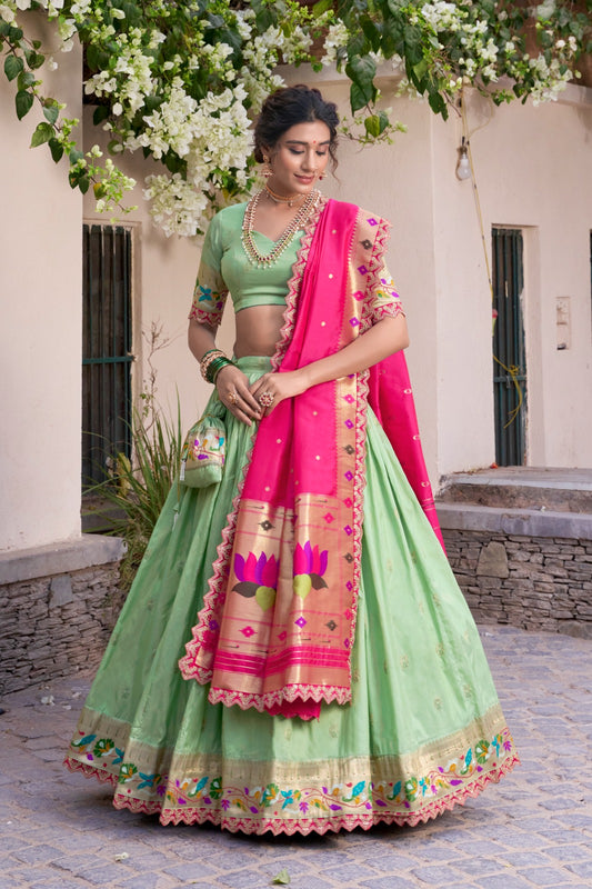 Pista color jacquard silk lehenga choli for wedding