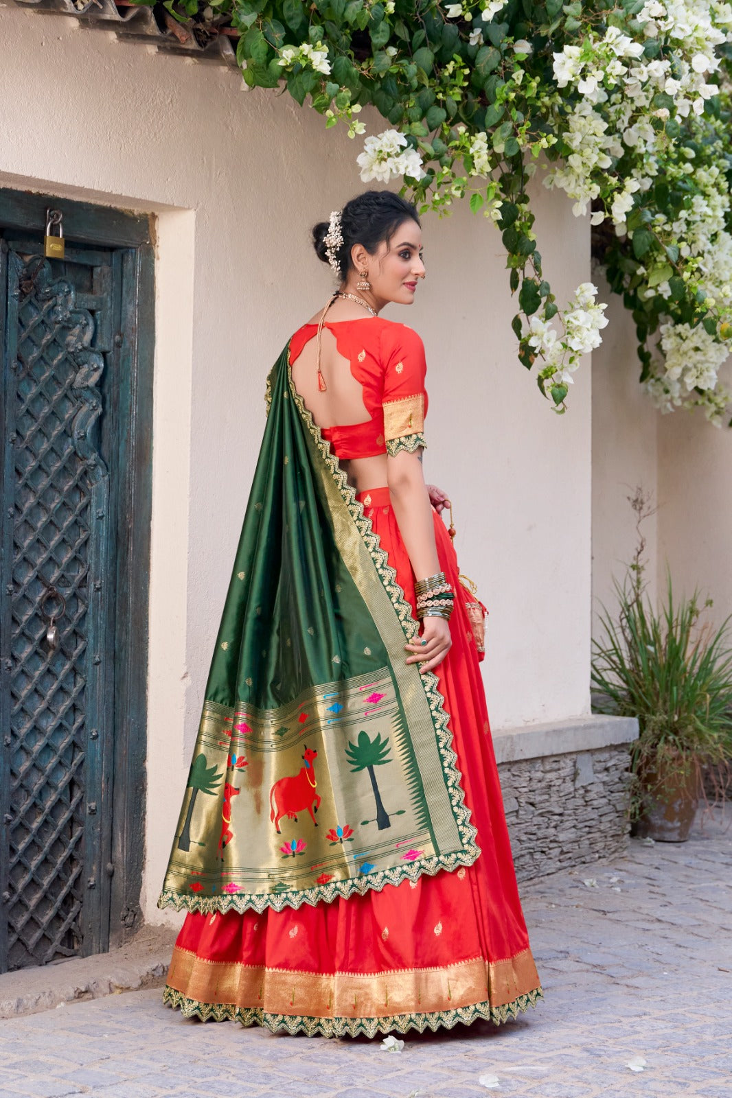 Red color jacquard silk lehenga choli with blouse