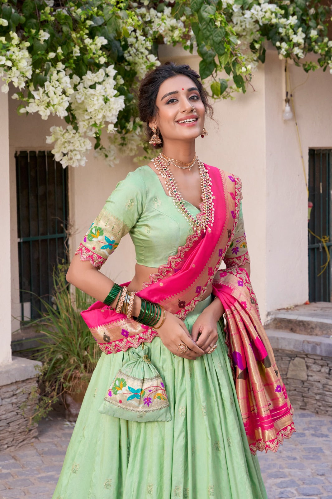 Pista jacquard silk lehenga choli for women price