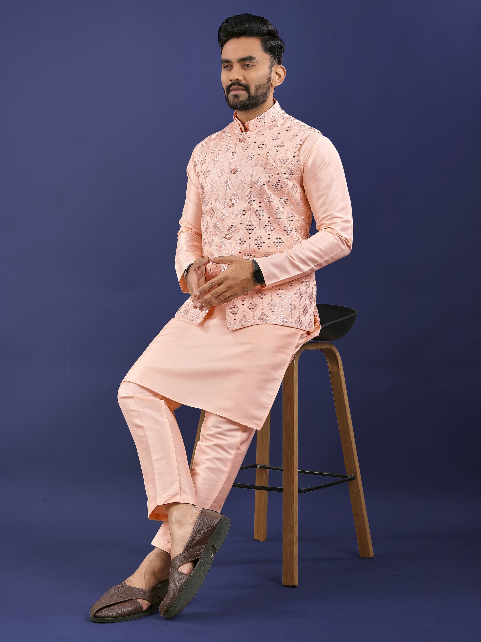Peach color premium silk kurta with koti with price