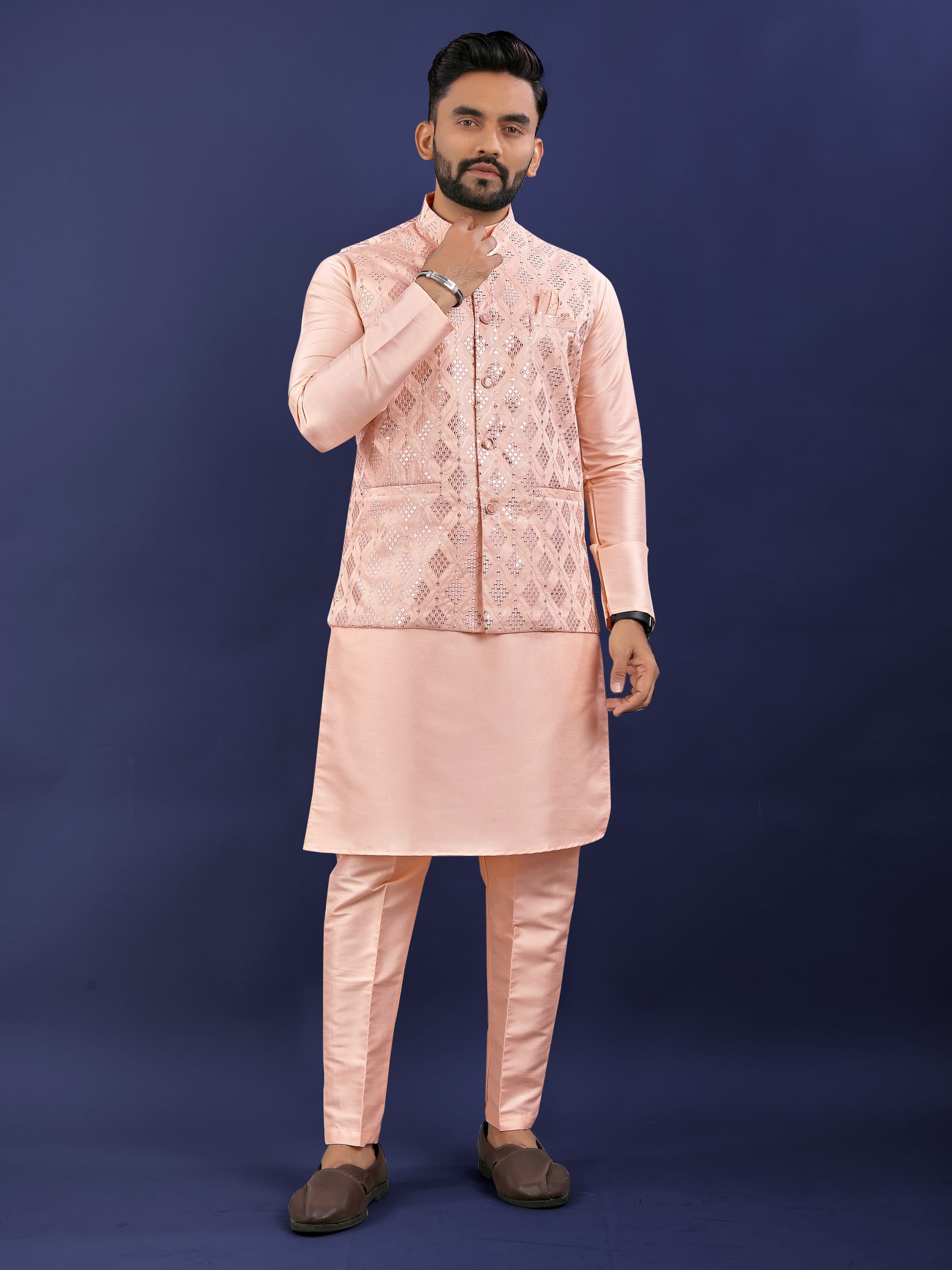 Men peach color silk kurta pajama with jacket
