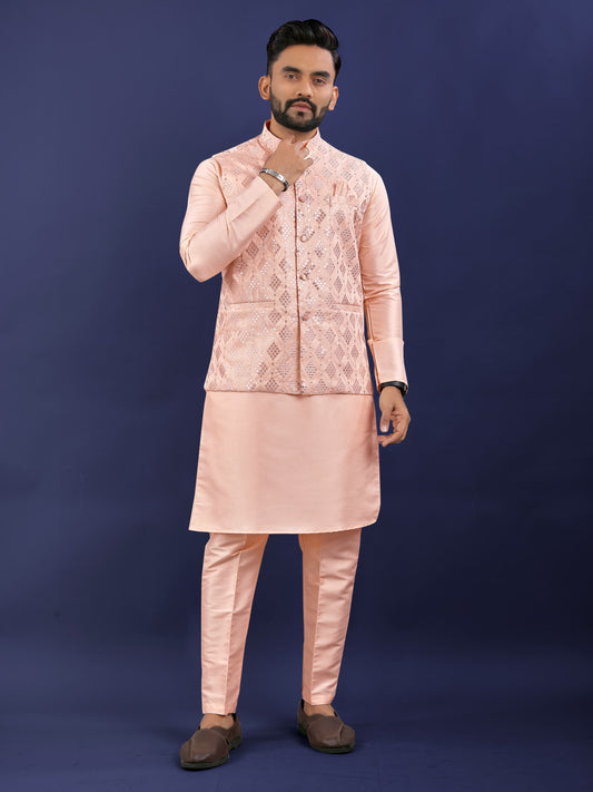 Men peach color silk kurta pajama with jacket
