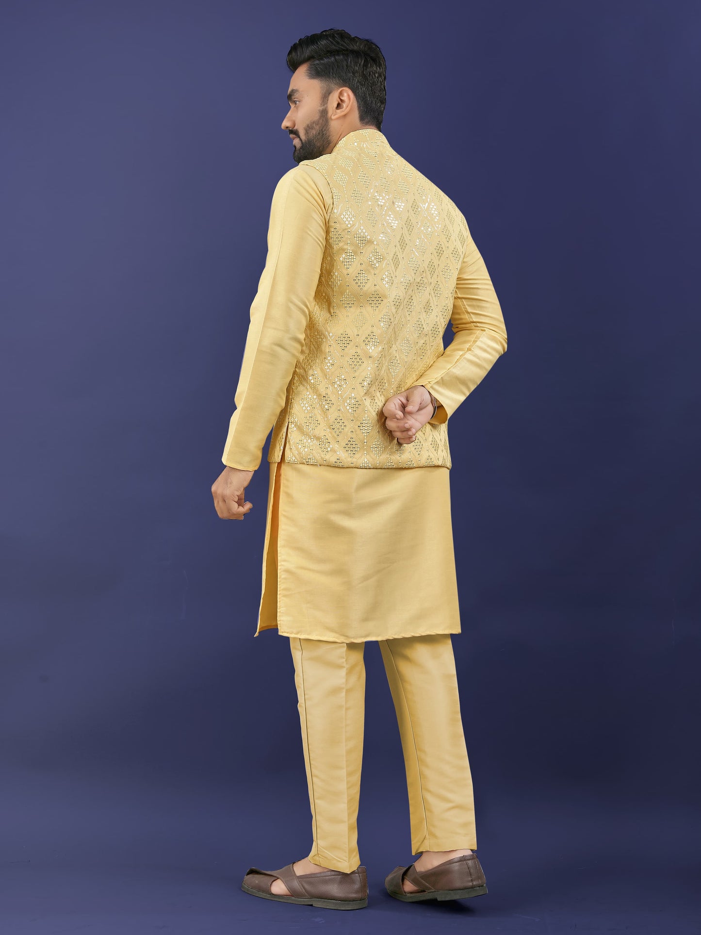 Yellow color premium silk kurta pajama with koti