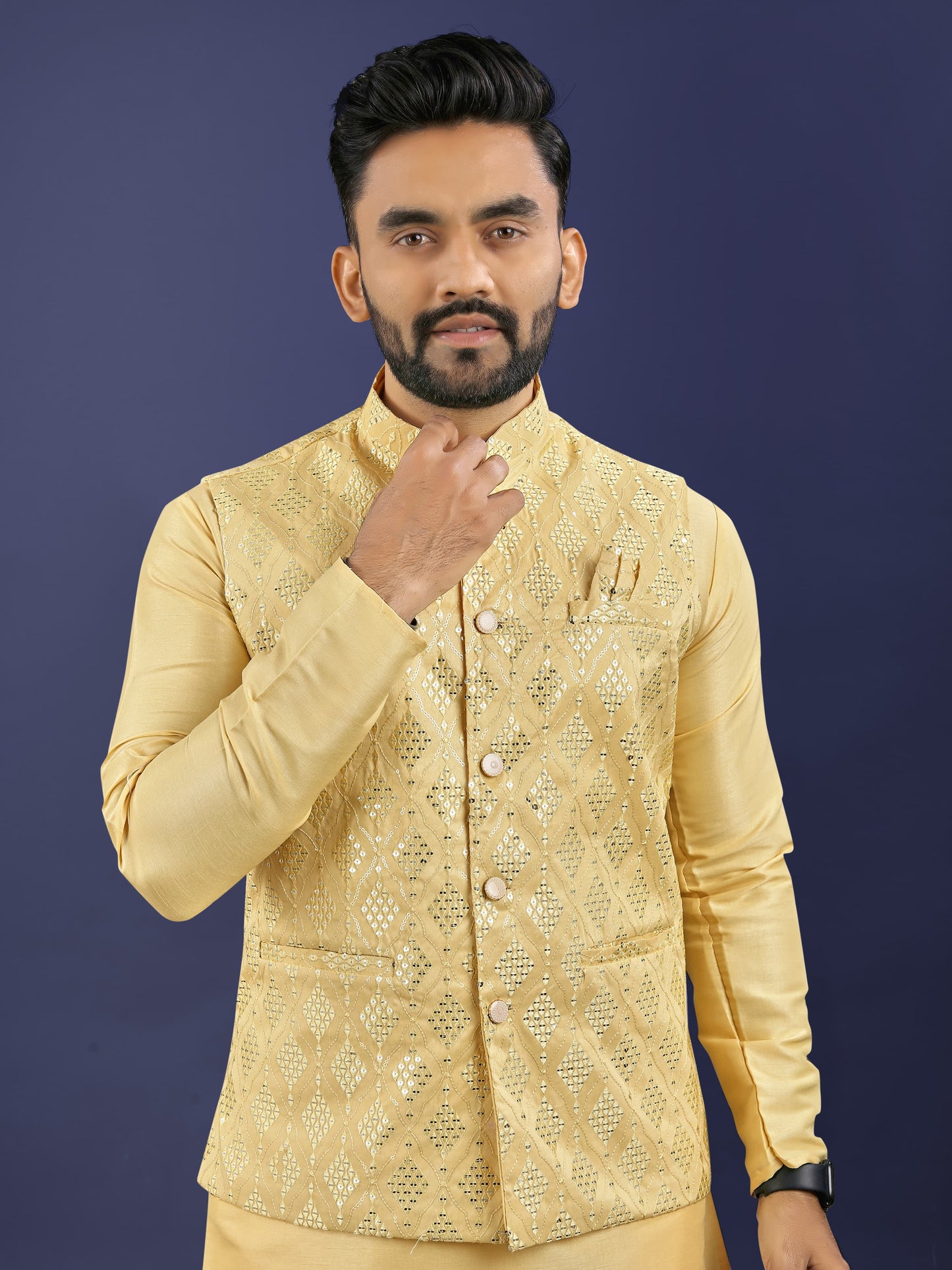 Yellow color embroidery work indi-western