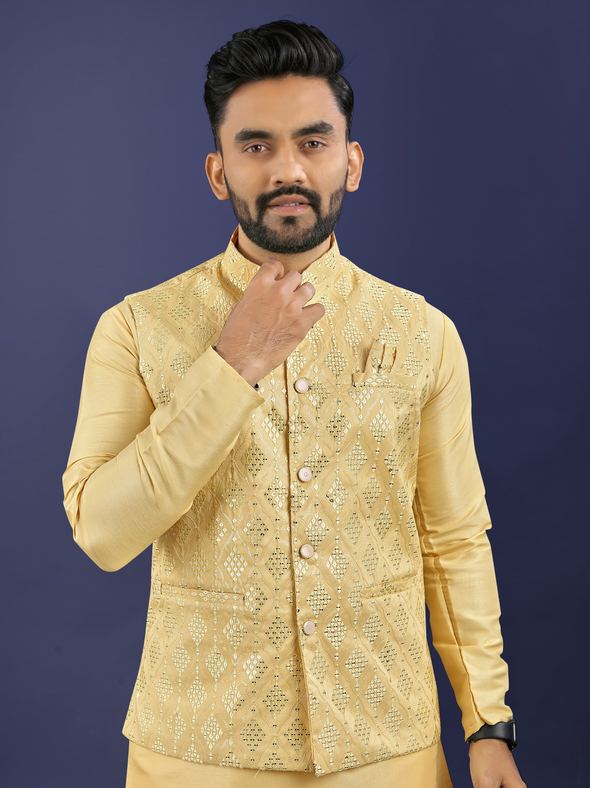 Yellow color embroidery work indi-western