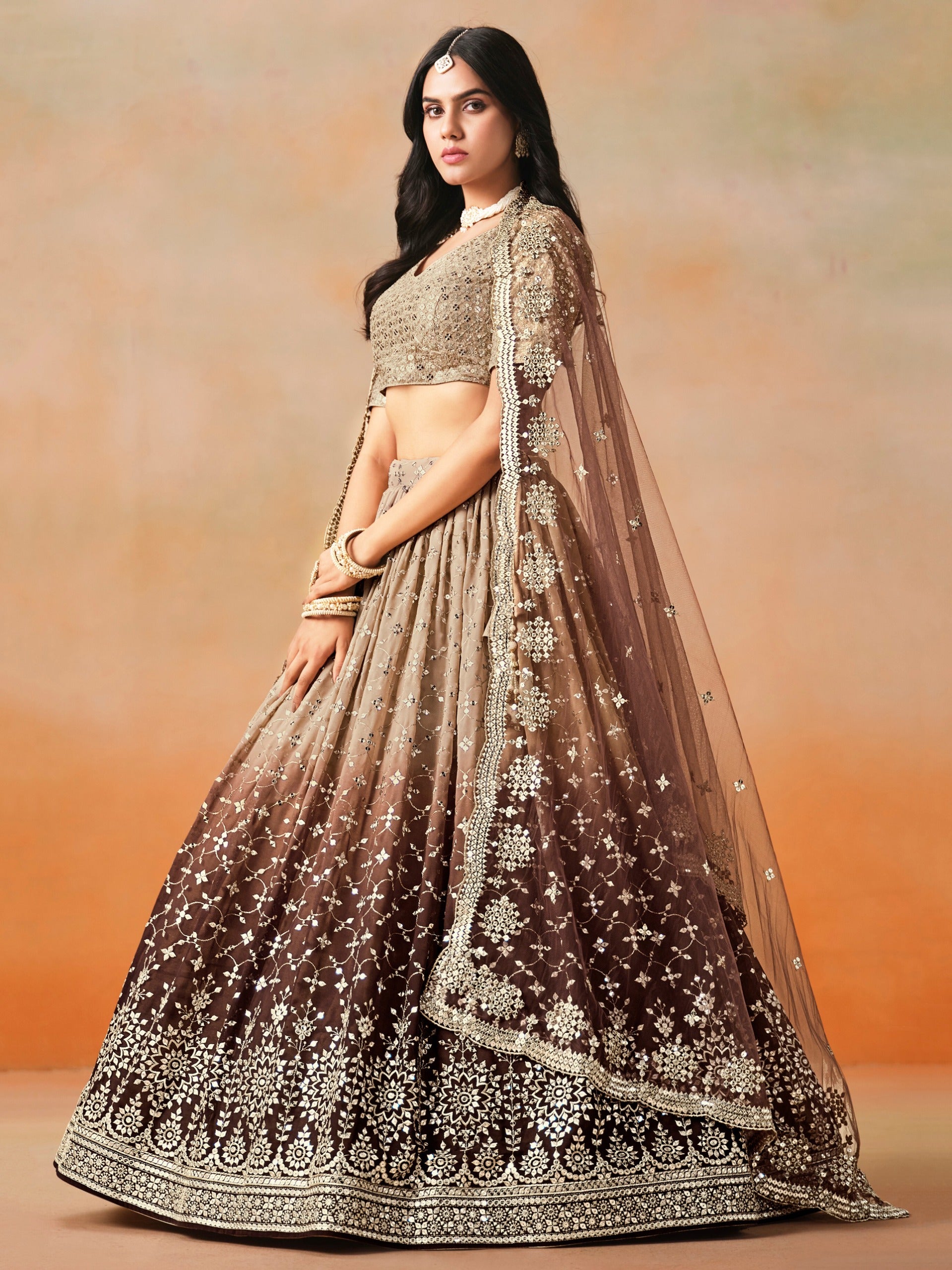 Brown color embroidery work chaniya choli for women
