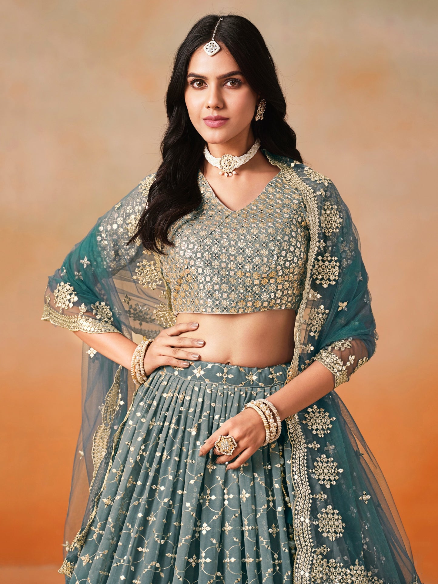 Reception wear blue color ghagra choli 
