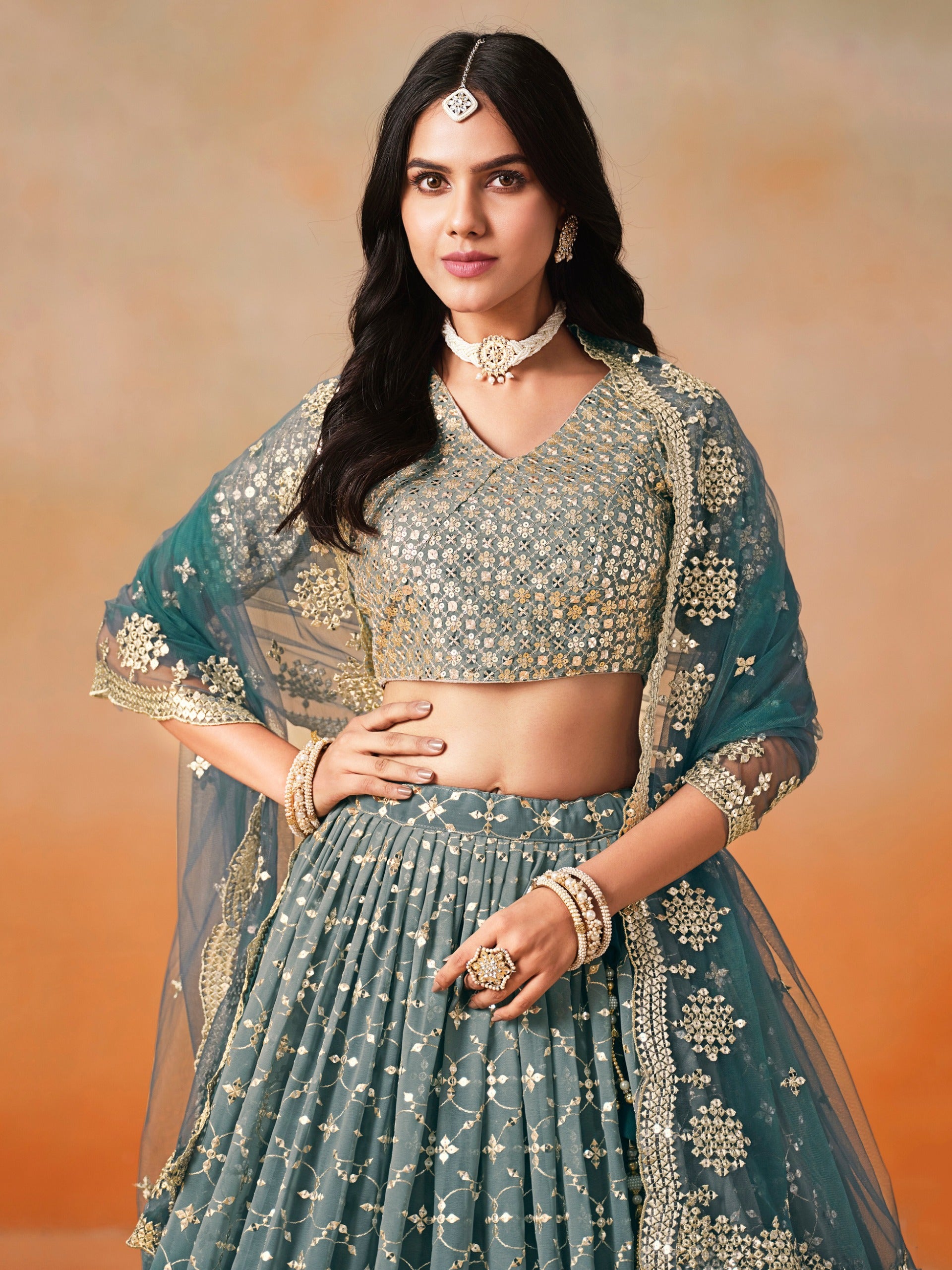 Reception wear blue color ghagra choli 