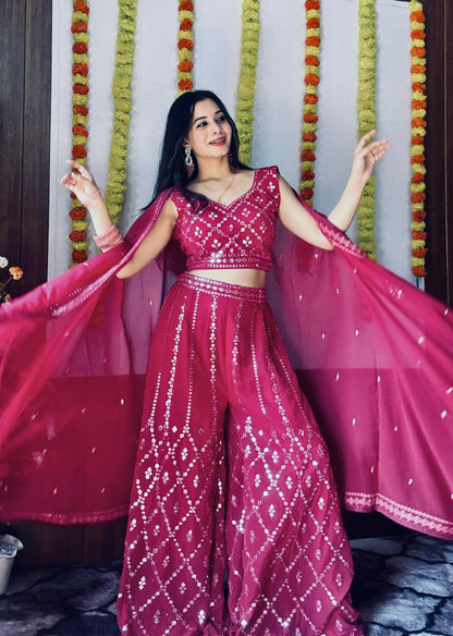 Women Pink color mirror work suit with shrug 