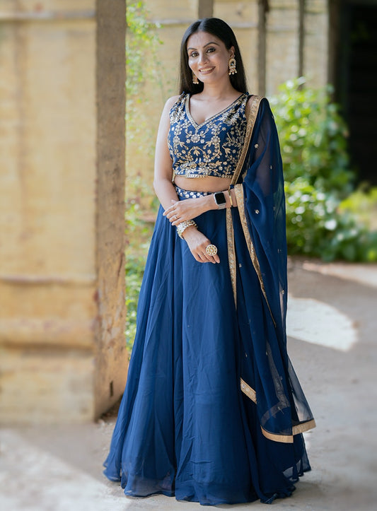Navy blue color georgette lehenga choli