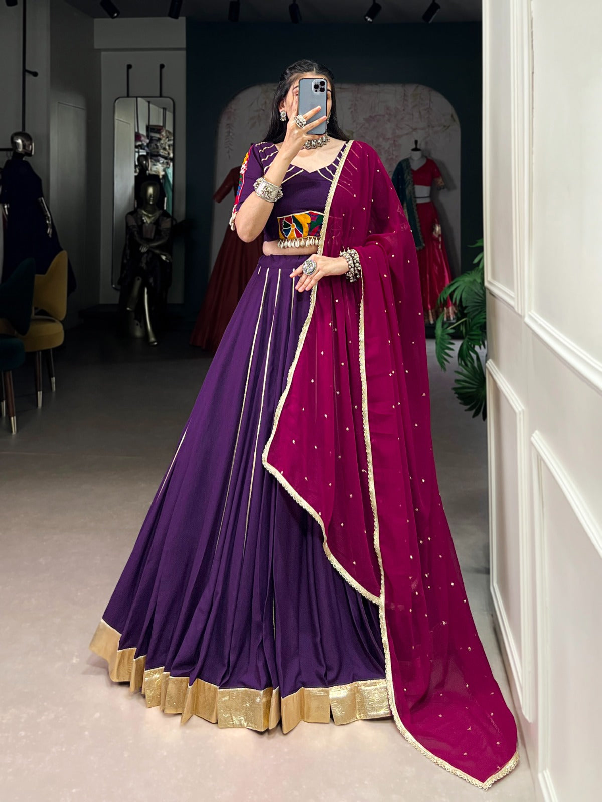 Purple color gamthi work lehenga