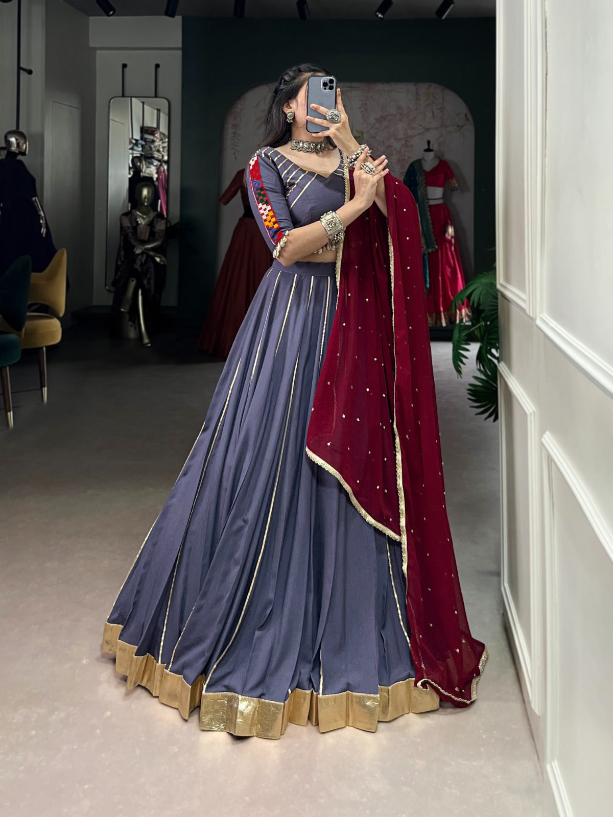 navy blue garba dress Classic Tussar Silk Lehenga Chunni with Bandhej Print & Gota Patti Work