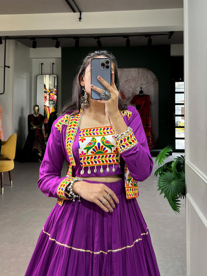Gamthi work purple lehenga with koti