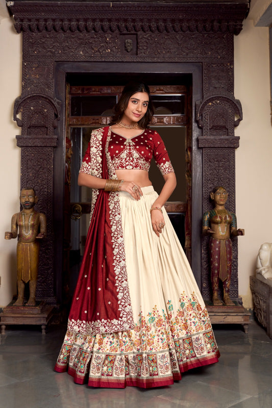 Off white color tussar silk lehenga choli