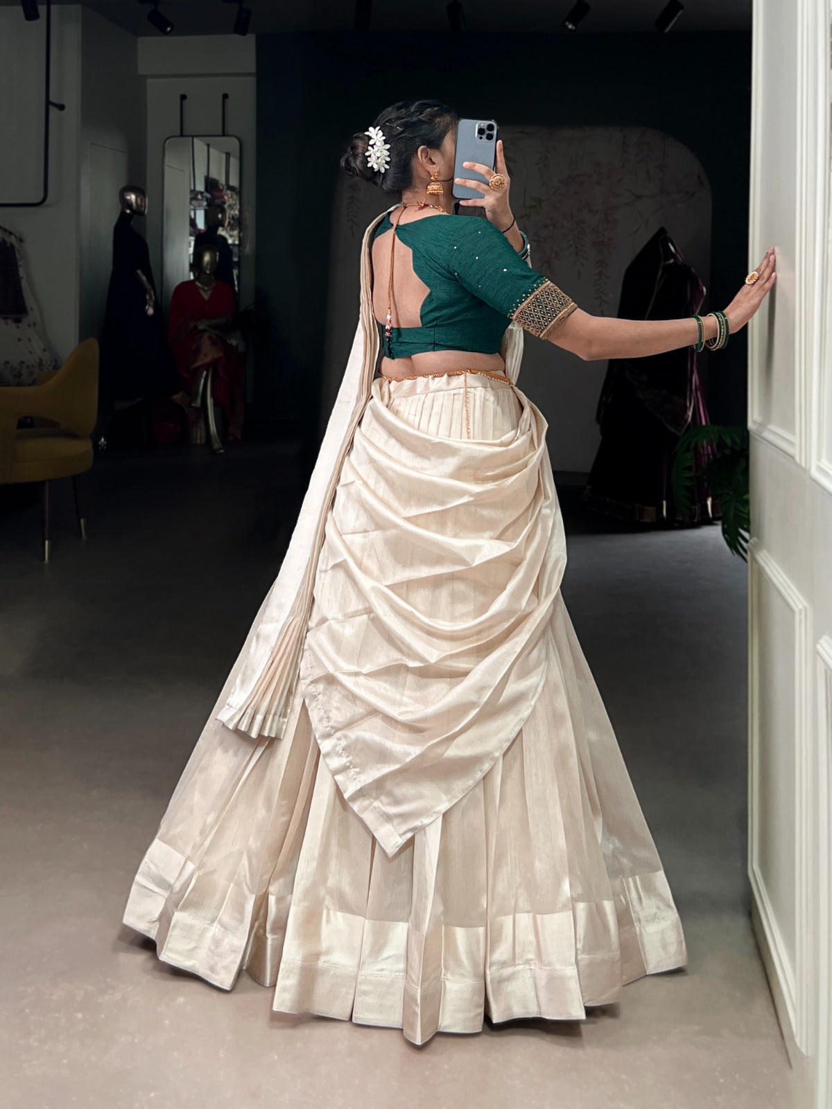 Wedding wear green color poly tasar lehenga 