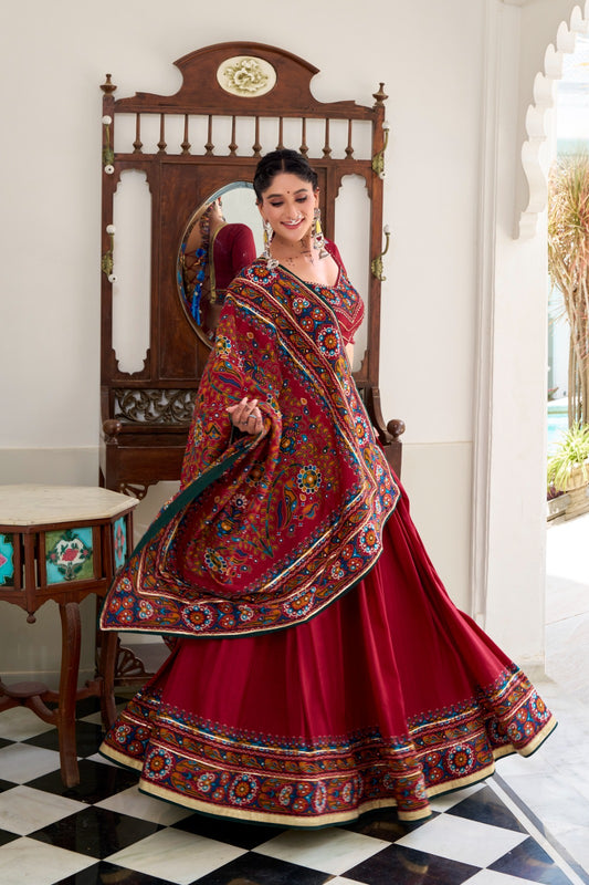 Red color tussar silk gamthi print lehenga choli with dupatta
