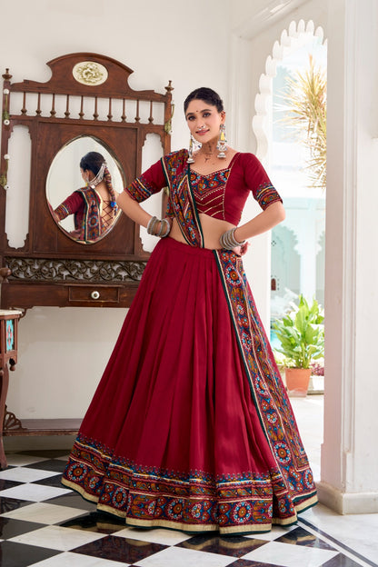 Red color tussar silk gamthi print lehenga choli online shopping
