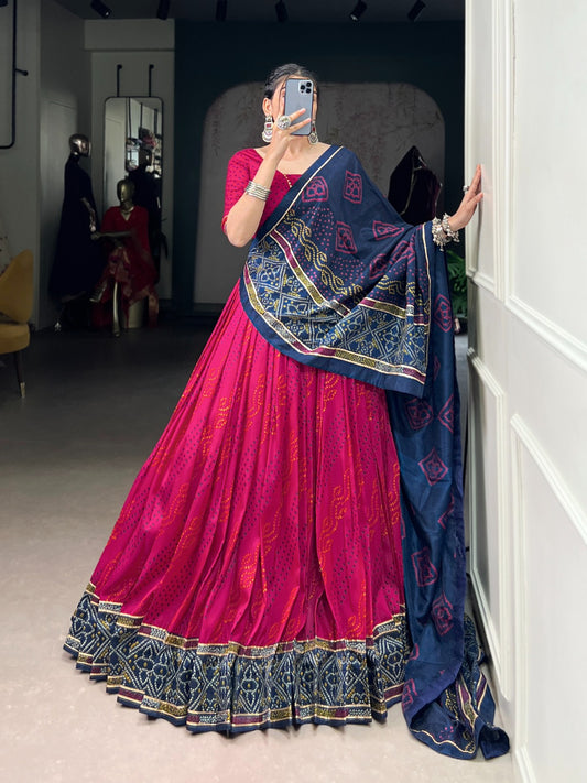 Pink color tasar silk printed chaniya choli 