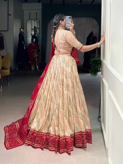 Beige color printed tasar silk chaniya choli 