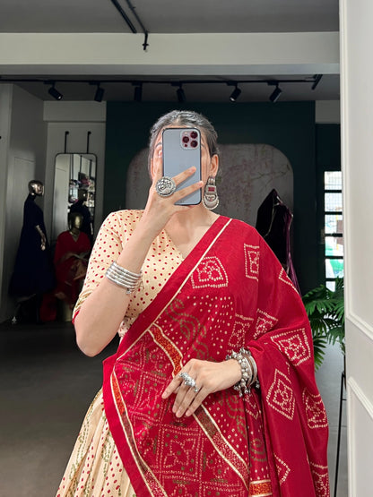 Beige color bandhej printed ghagra choli 