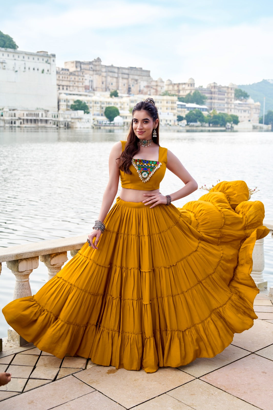 Gamthi Work Mustard Rayon Stitched Chaniya Choli