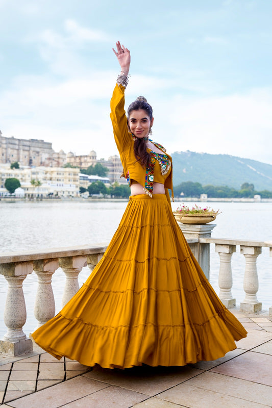 Gamthi Work Mustard Rayon Stitched Chaniya Choli