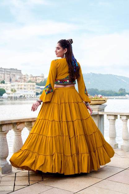 Gamthi Work Mustard Rayon Stitched Chaniya Choli