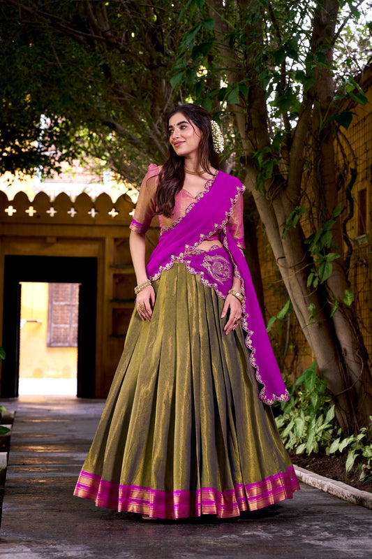 Pink color kanchipuram lehenga choli 
