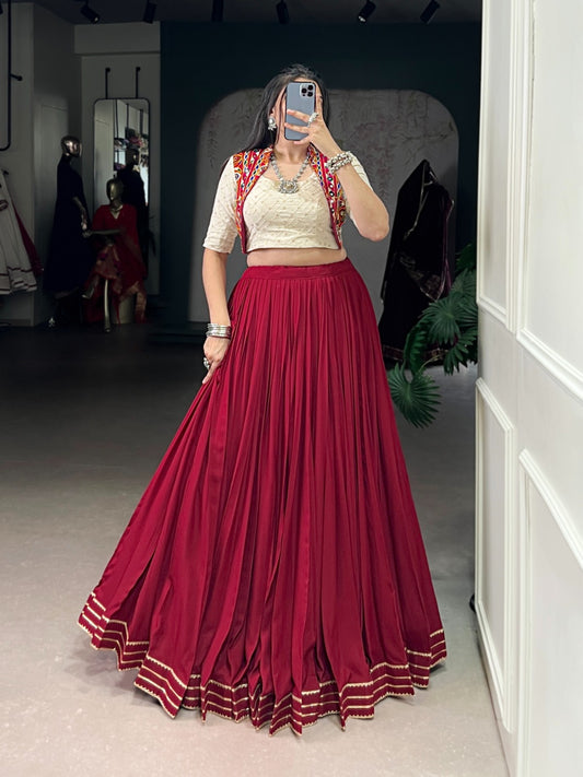 Garba Wear Maroon Color Rayon Lehenga With Blouse
