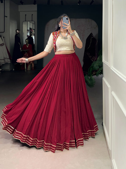 Garba Wear Maroon Color Rayon Lehenga With Blouse