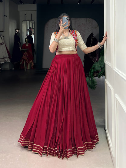 Garba Wear Maroon Color Rayon Lehenga With Blouse