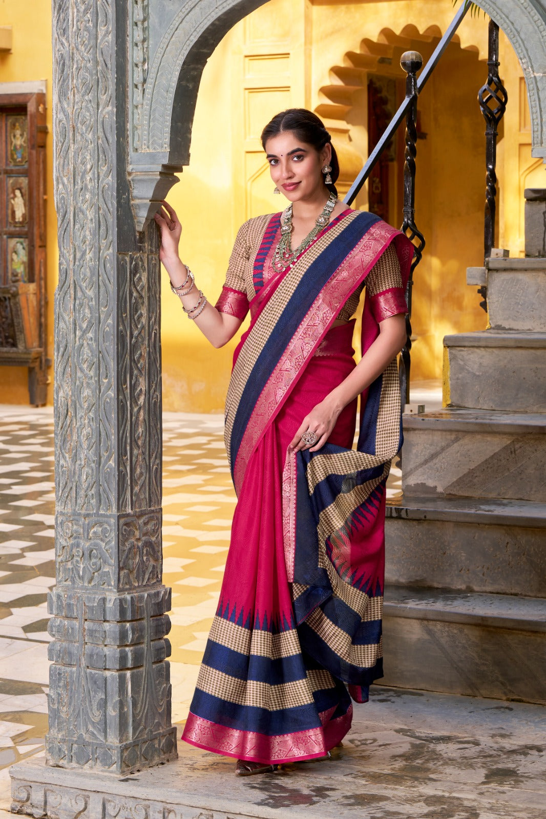 Pink poly cotton saree with blouse with price
