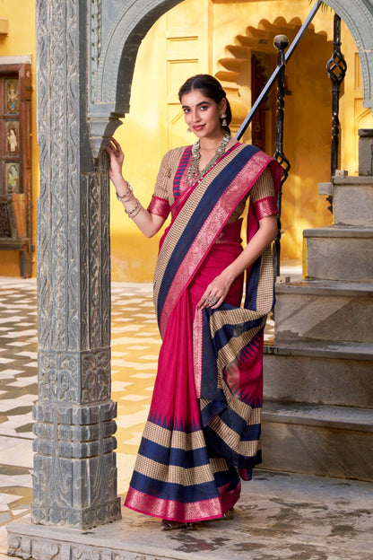 Pink poly cotton saree with blouse with price