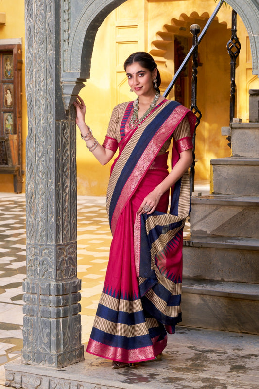 Pink poly cotton saree with blouse with price
