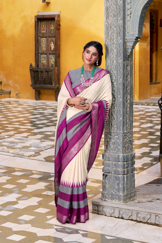 Printed off white saree for wedding 