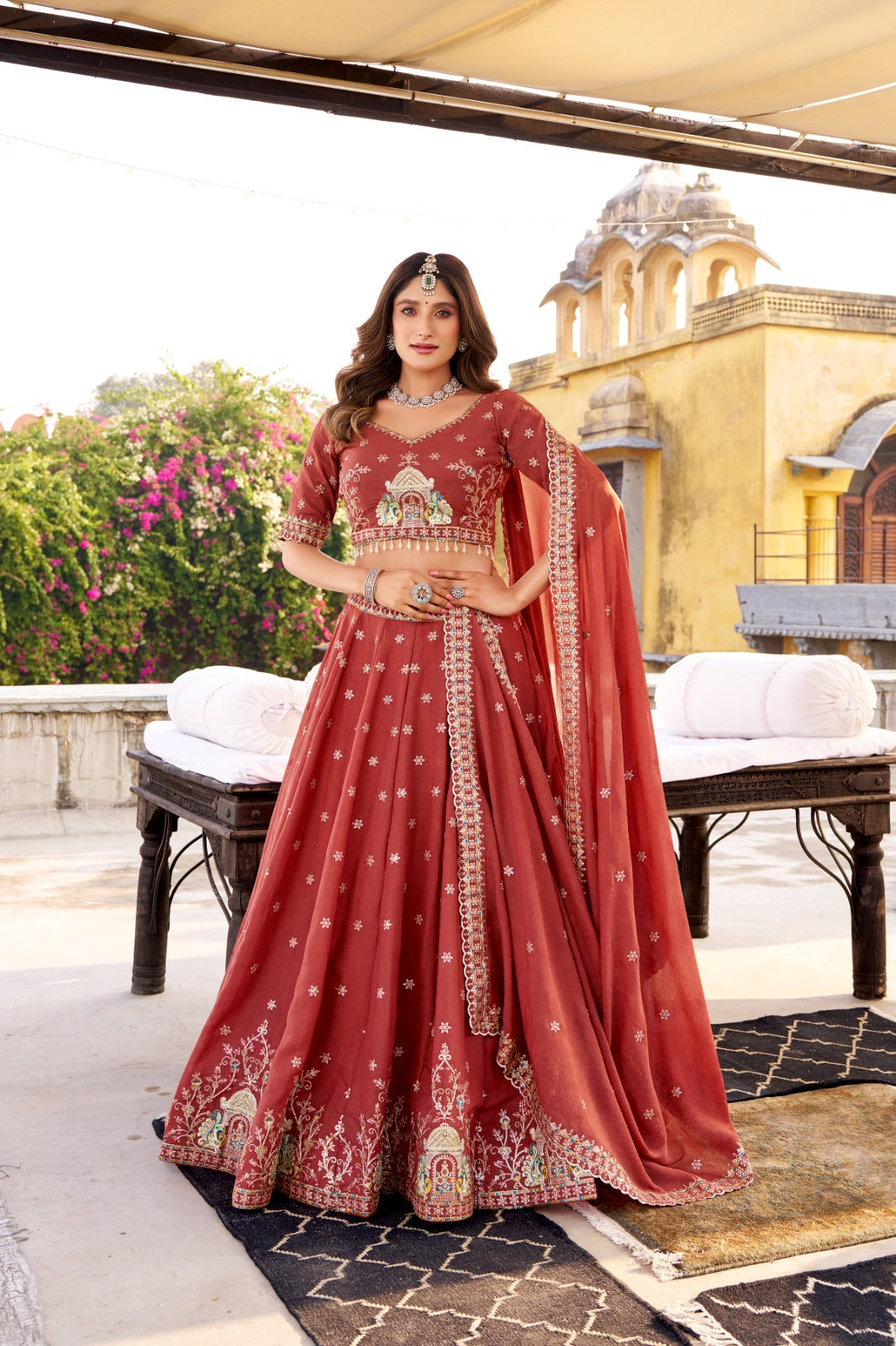 Salmon Embroidered Engagement Function Lehenga Choli