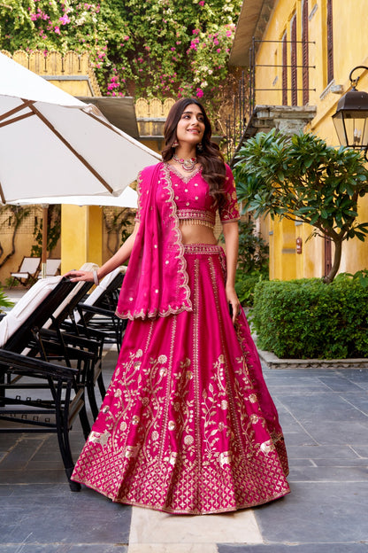 Rani Pink Silk Sequins Embroidered Work Lehenga Choli