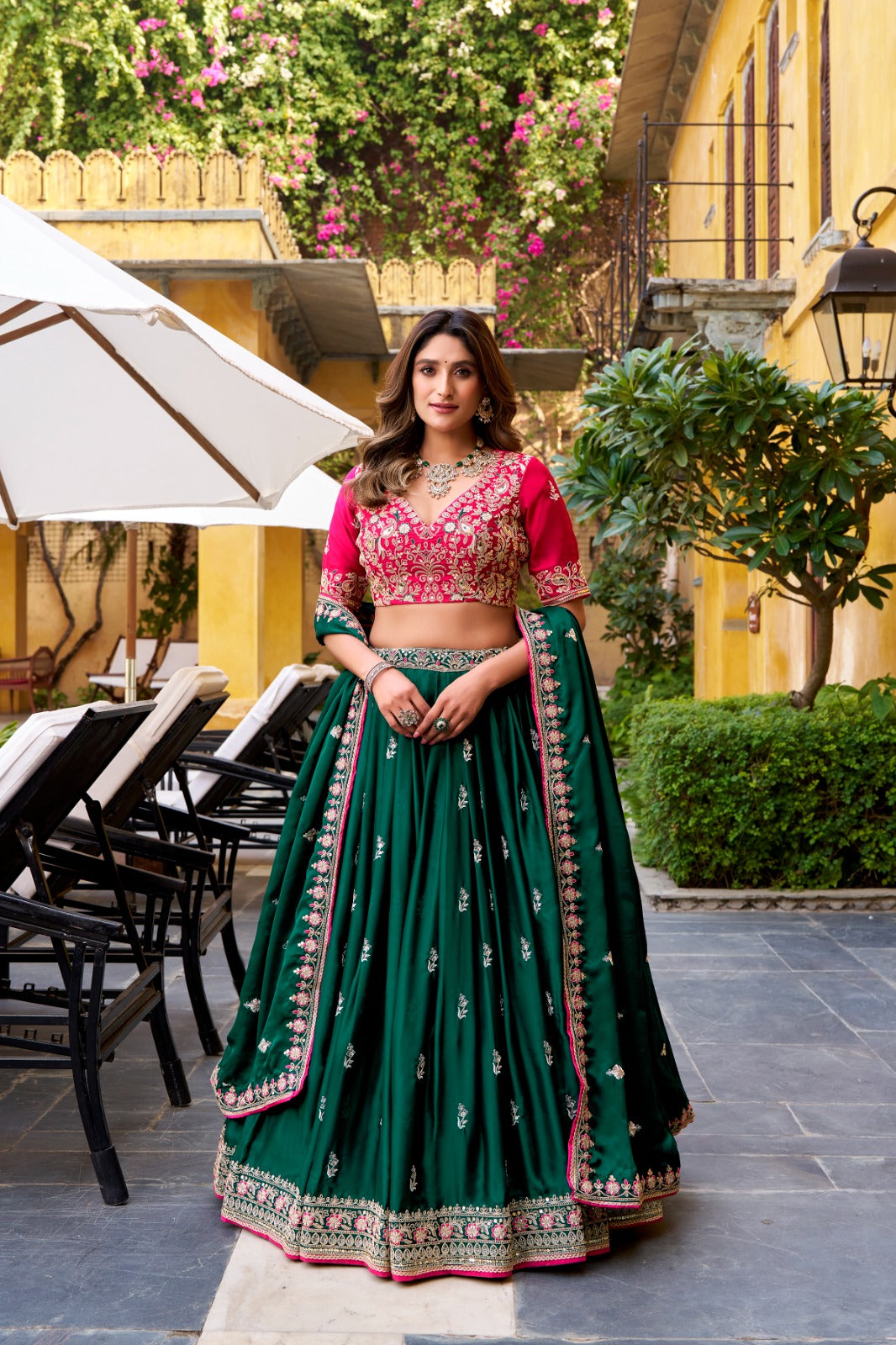 Green Silk Sequins Embroidered Work Lehenga Choli