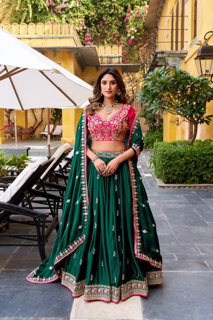 Green Silk Sequins Embroidered Work Lehenga Choli