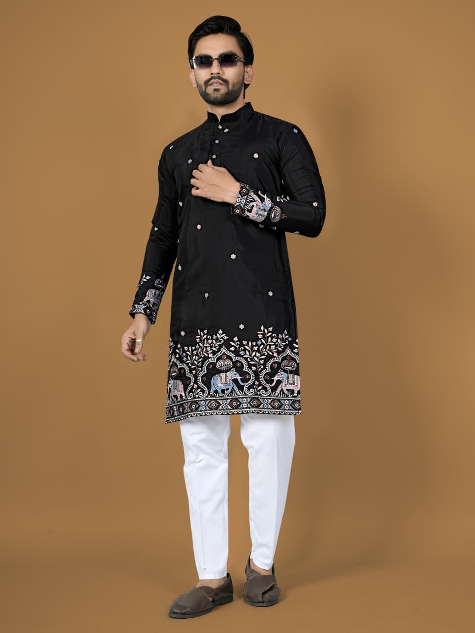 Trendy Black Silk Designer Mens Kurta with Pajama